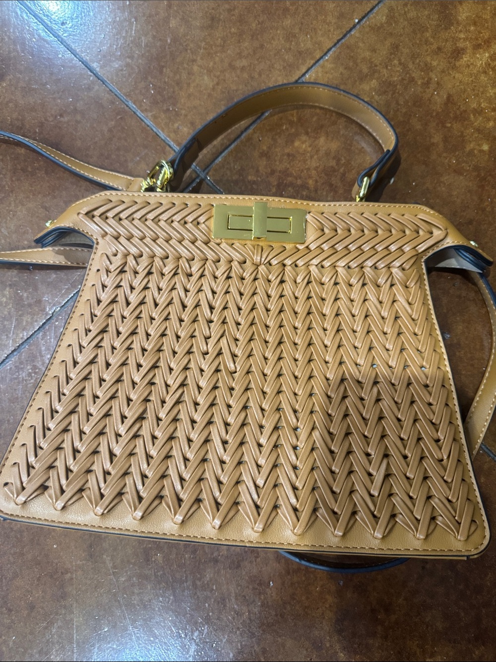 Woven Tan Shoulder Bag with Gold Hardware